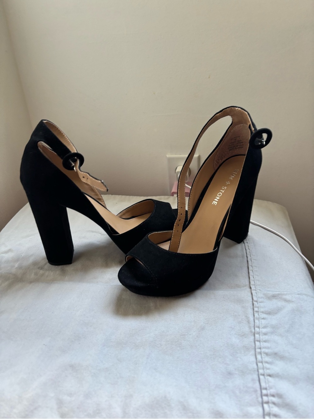 Sun + Stone Black Suede Peep-Toe Block Heel Sandals with Ankle Loop
